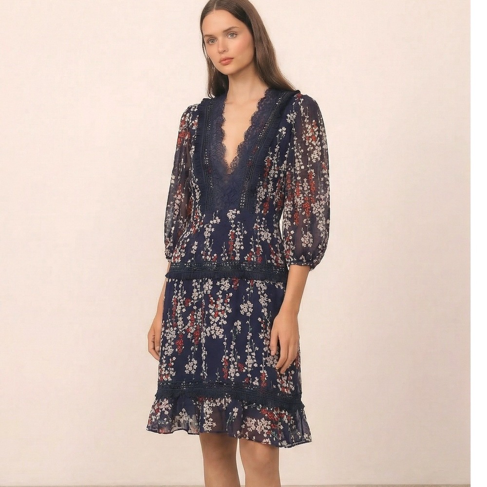 Dark Pink London Floral Mini‎ Dress Women Size 8 Navy Blue Excellent Lace Fringe